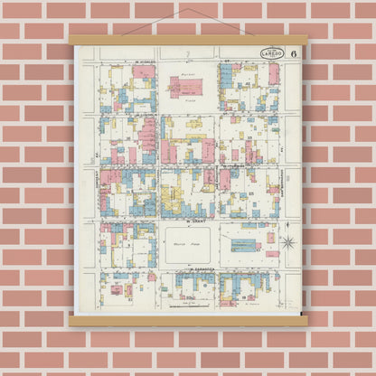 Old map wall art mockup — magnetic wood frame on brick wall — Sanborn Fire Insurance Map from Laredo, Webb County, Texas (1894), Sheet #0006