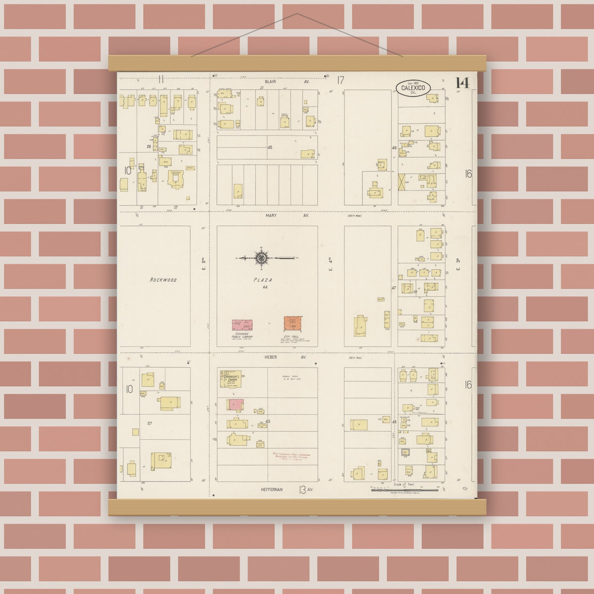Old map wall art mockup — magnetic wood frame on brick wall — Sanborn Fire Insurance Map from Calexico, Imperial County, California (1920), Sheet #0014