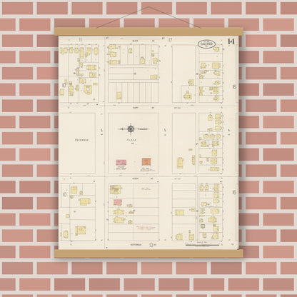 Old map wall art mockup — magnetic wood frame on brick wall — Sanborn Fire Insurance Map from Calexico, Imperial County, California (1920), Sheet #0014