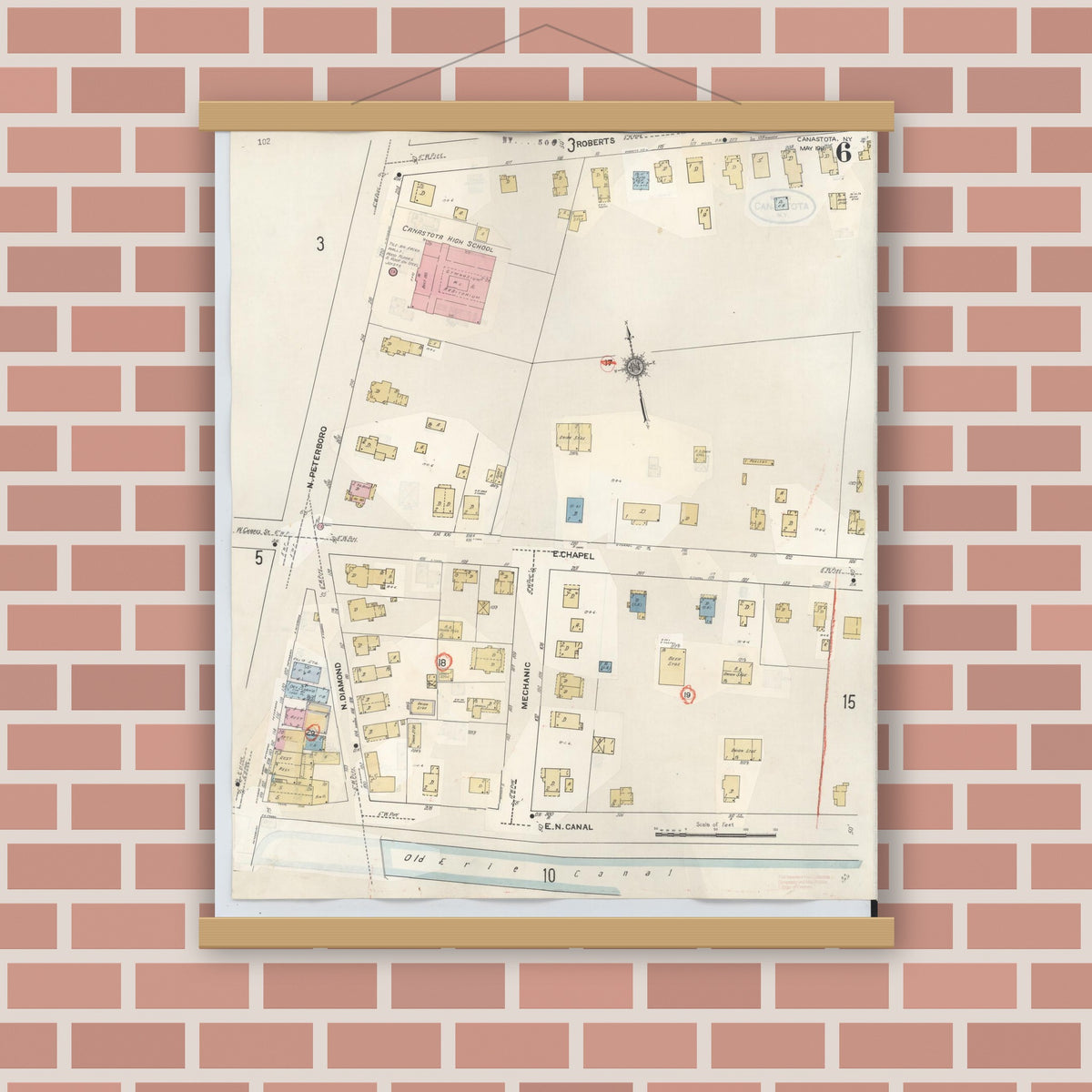 Old map wall art mockup — magnetic wood frame on brick wall — Sanborn Fire Insurance Map from Canastota, Madison County, New York (1959), Sheet #0006