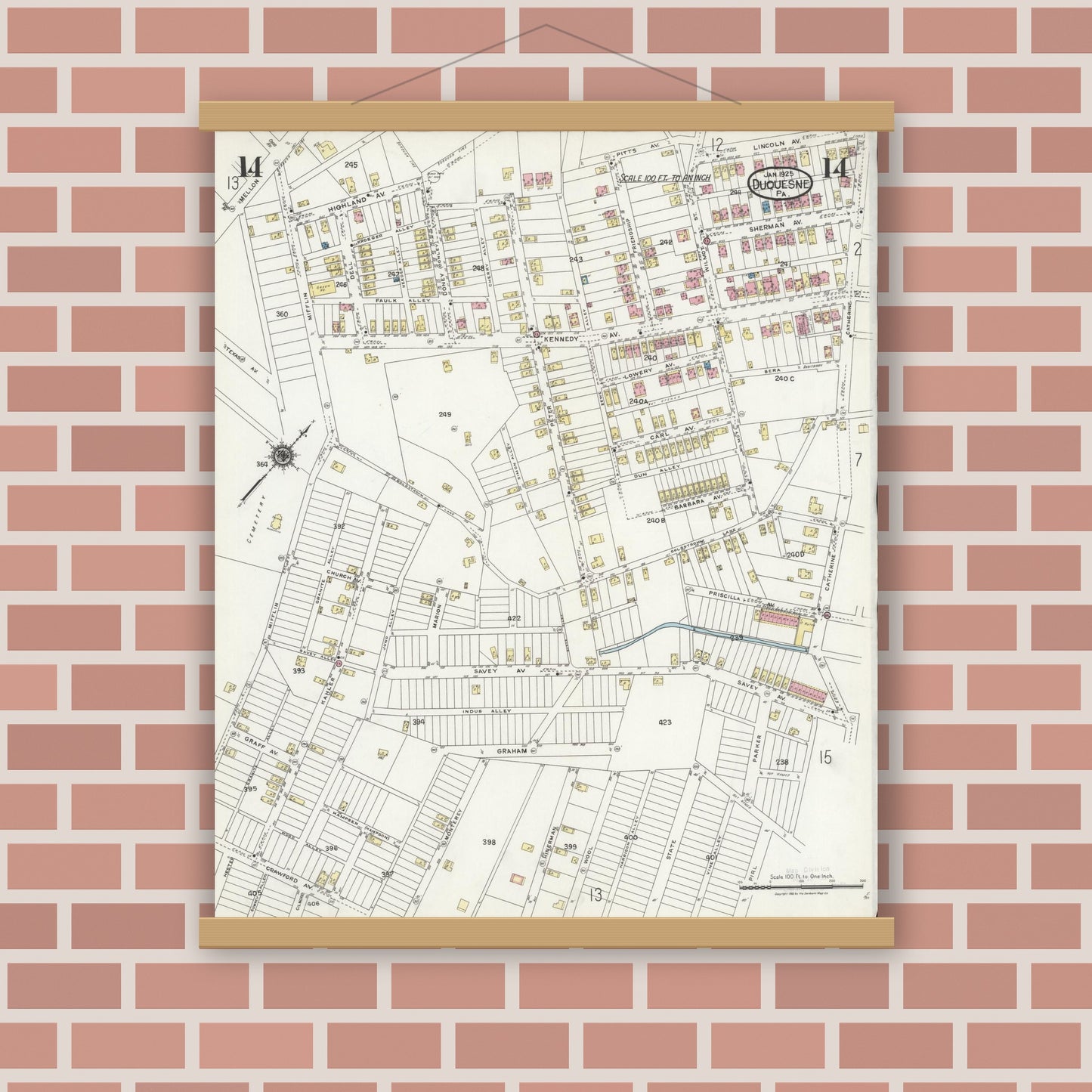 Old map wall art mockup — magnetic wood frame on brick wall — Sanborn Fire Insurance Map from Duquesne, Allegheny County, Pennsylvania (1925), Sheet #0014