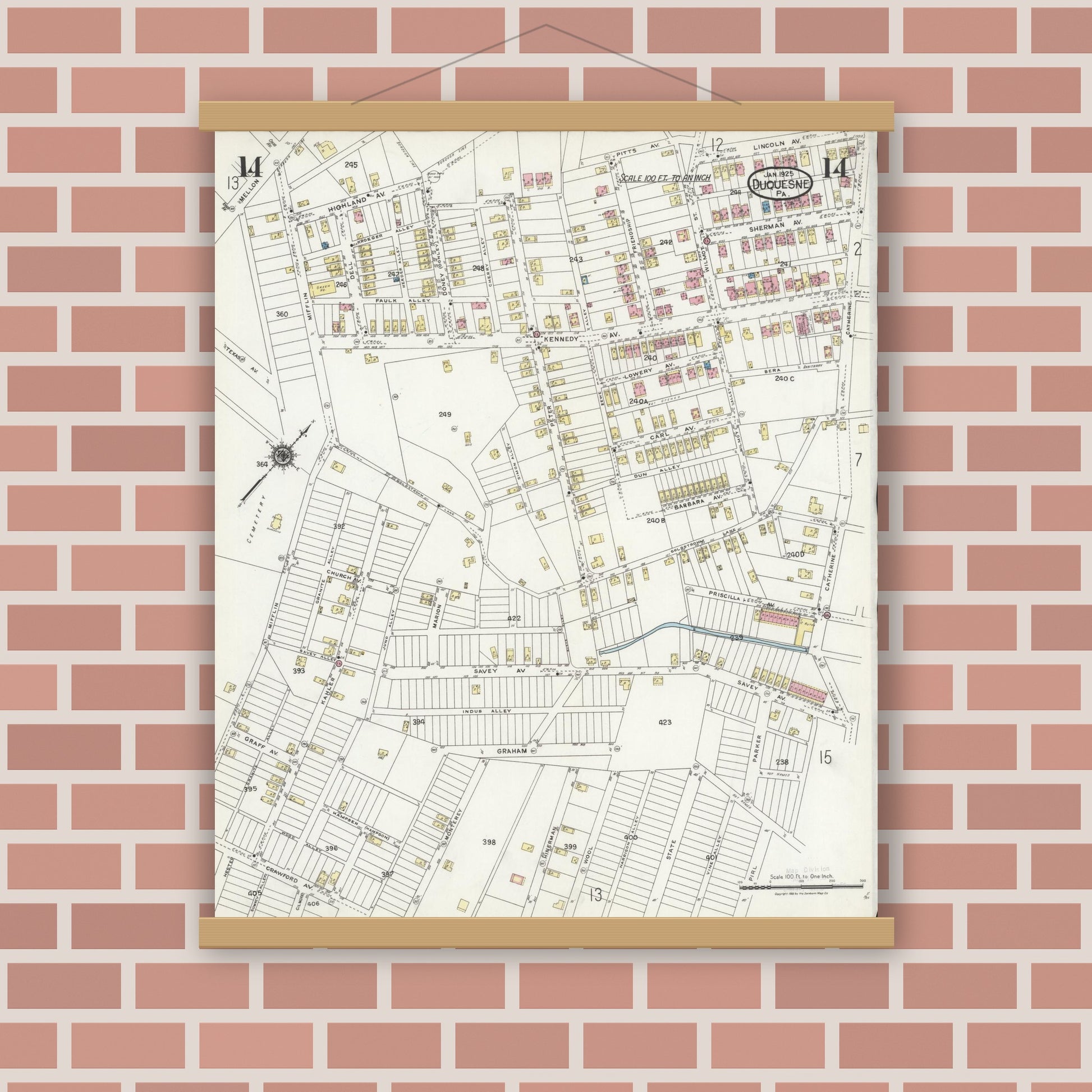 Old map wall art mockup — magnetic wood frame on brick wall — Sanborn Fire Insurance Map from Duquesne, Allegheny County, Pennsylvania (1925), Sheet #0014