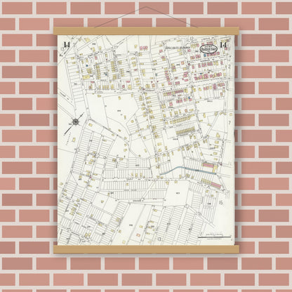 Old map wall art mockup — magnetic wood frame on brick wall — Sanborn Fire Insurance Map from Duquesne, Allegheny County, Pennsylvania (1925), Sheet #0014