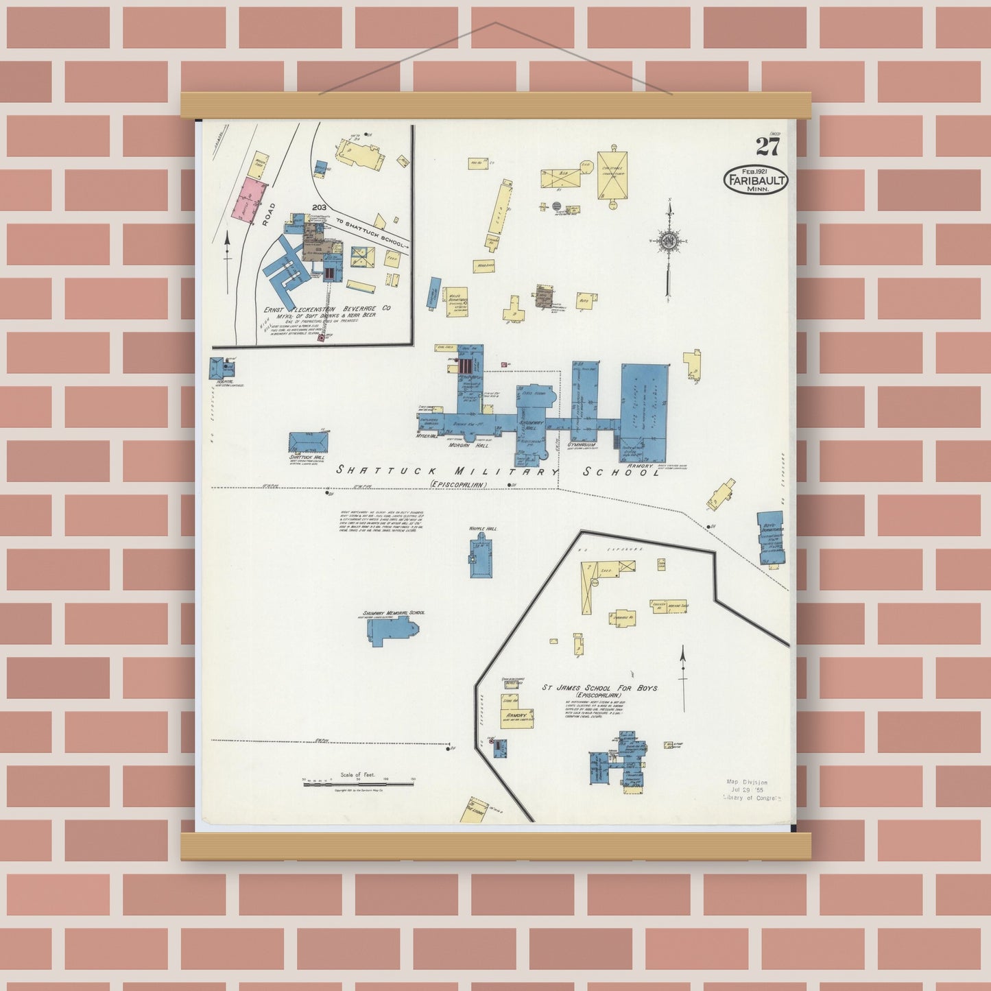 Old map wall art mockup — magnetic wood frame on brick wall — Sanborn Fire Insurance Map from Faribault, Rice County, Minnesota (1921), Sheet #0027