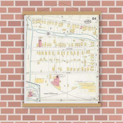 Old map wall art mockup — magnetic wood frame on brick wall — Sanborn Fire Insurance Map from Newark, Licking County, Ohio (1905), Sheet #0024