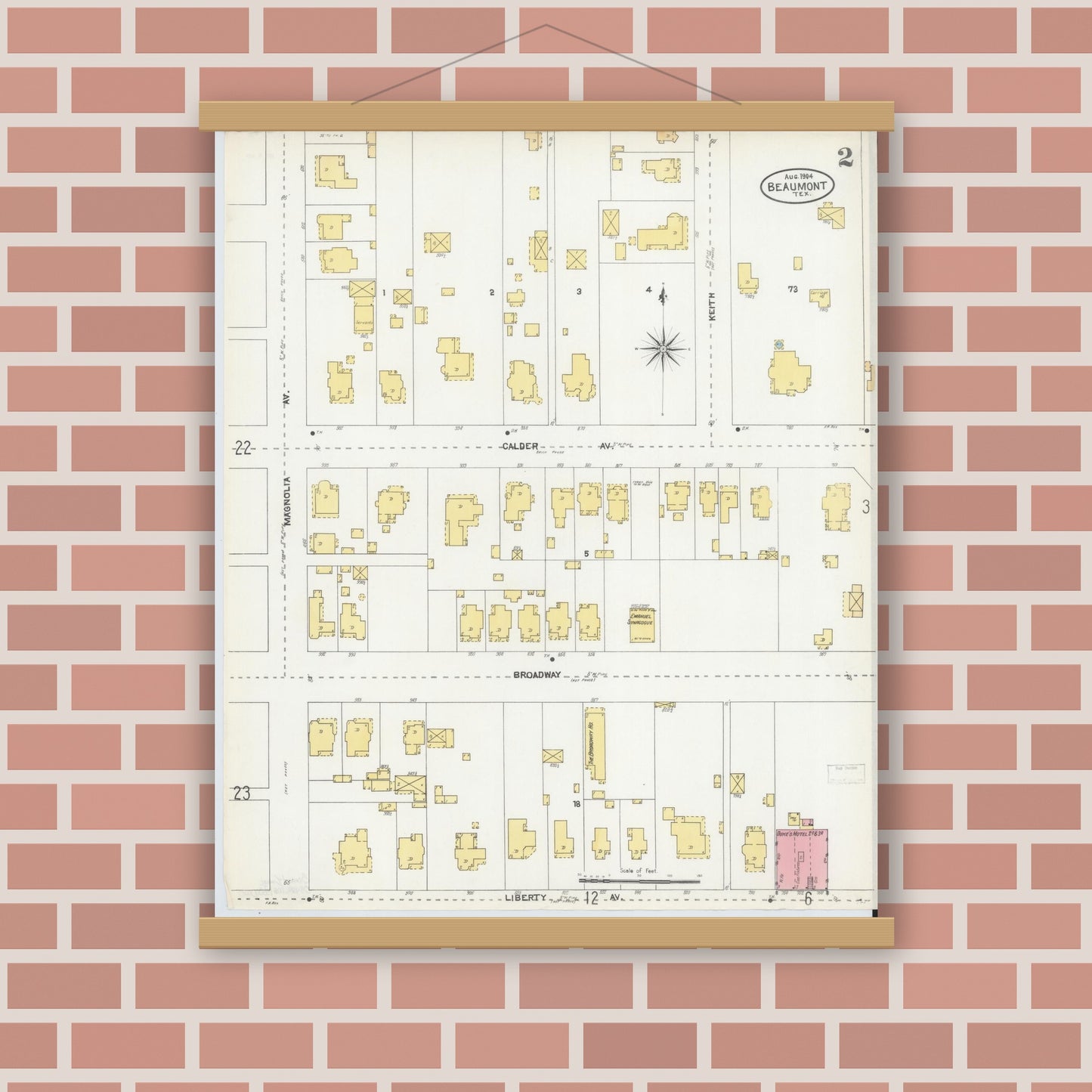 Old map wall art mockup — magnetic wood frame on brick wall — Sanborn Fire Insurance Map from Beaumont, Jefferson County, Texas (1904), Sheet #0002
