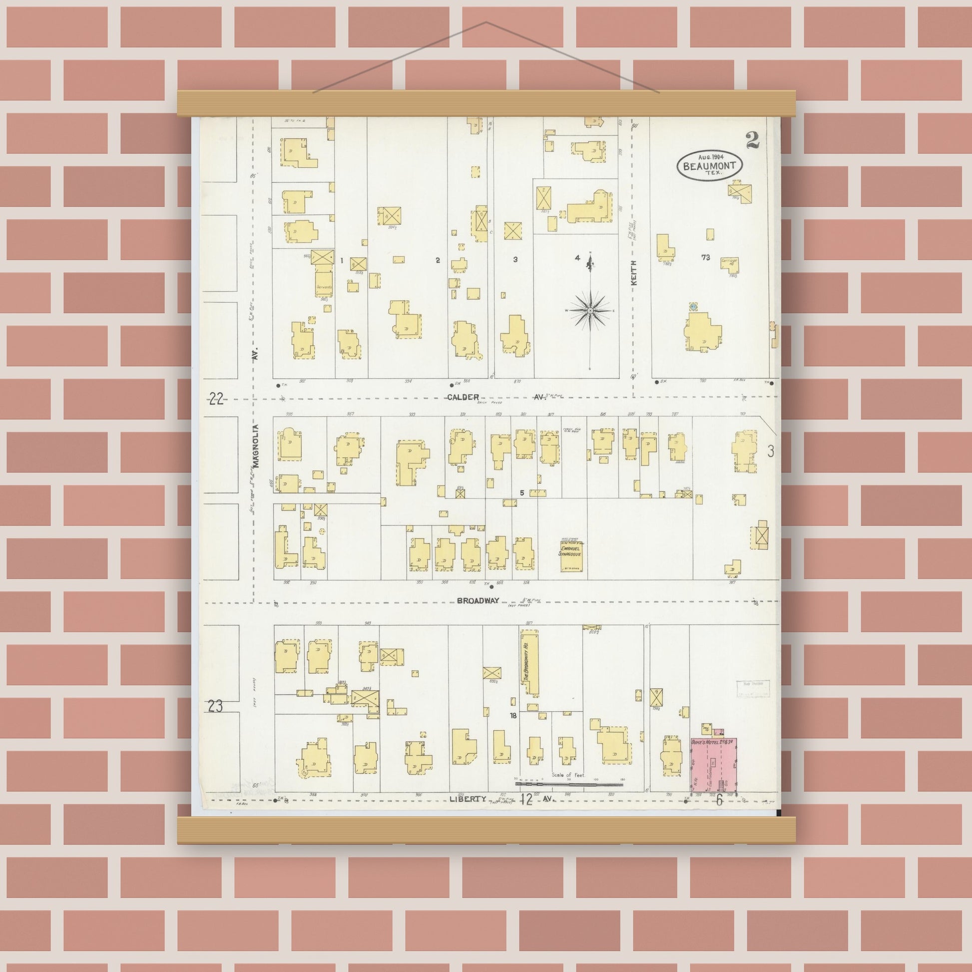 Old map wall art mockup — magnetic wood frame on brick wall — Sanborn Fire Insurance Map from Beaumont, Jefferson County, Texas (1904), Sheet #0002