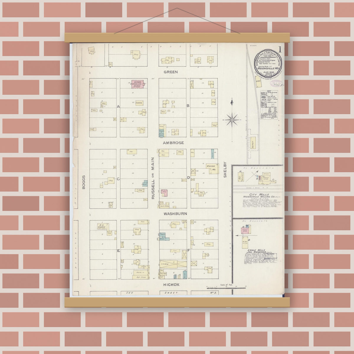 Old map wall art mockup — magnetic wood frame on brick wall — Sanborn Fire Insurance Map from Higginsville, Lafayette County, Missouri (1886), Sheet #0001
