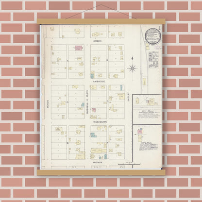 Old map wall art mockup — magnetic wood frame on brick wall — Sanborn Fire Insurance Map from Higginsville, Lafayette County, Missouri (1886), Sheet #0001