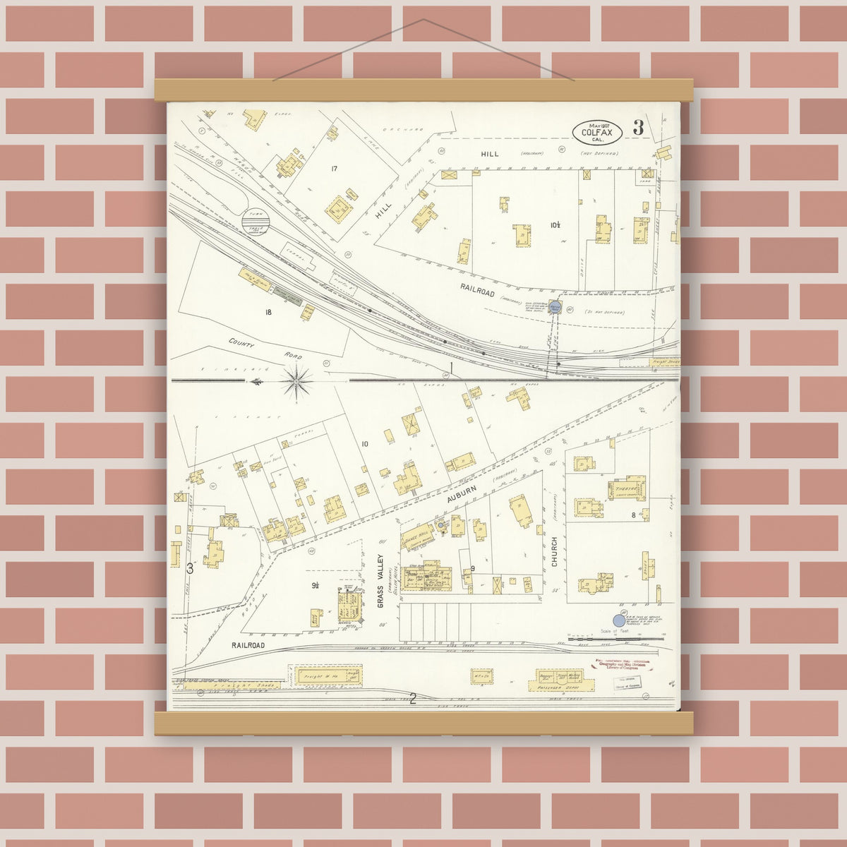 Old map wall art mockup — magnetic wood frame on brick wall — Sanborn Fire Insurance Map from Colfax, Placer County, California (1907), Sheet #0003