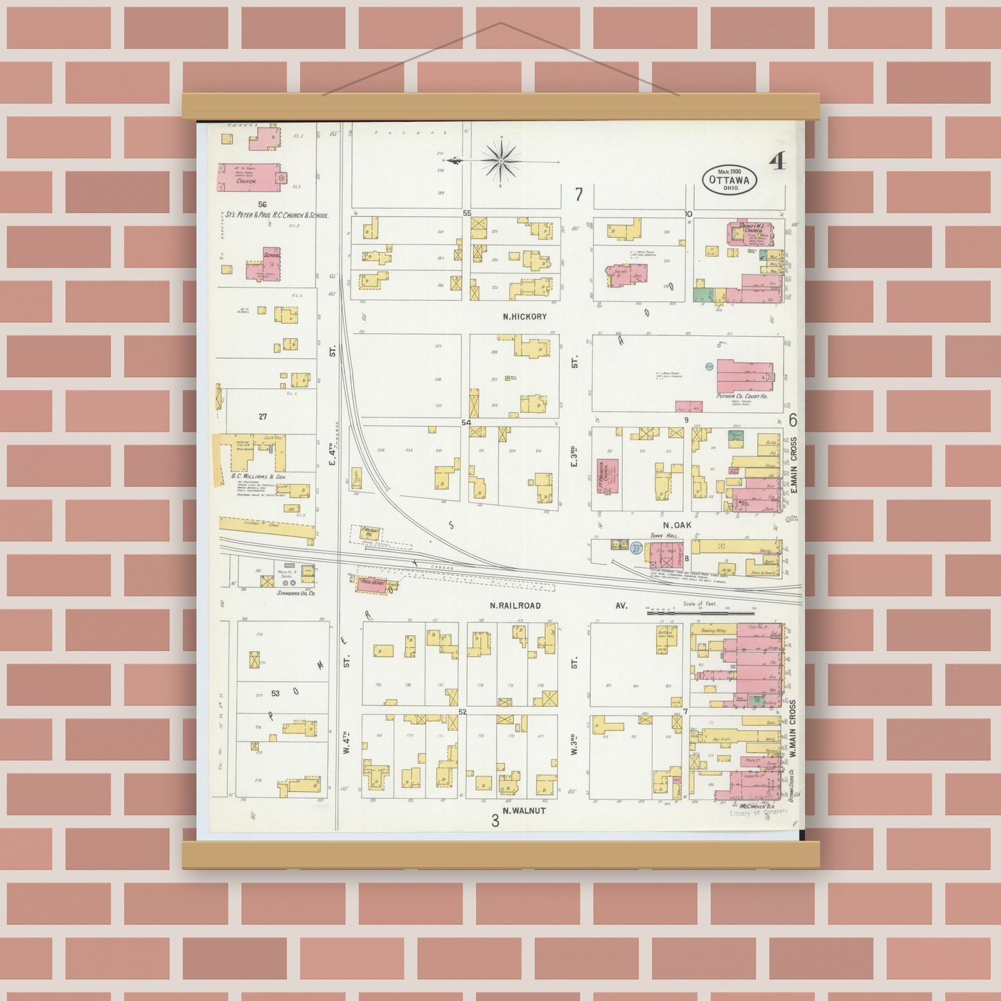 Old map wall art mockup — magnetic wood frame on brick wall — Sanborn Fire Insurance Map from Ottawa, Putnam County, Ohio (1900), Sheet #0004