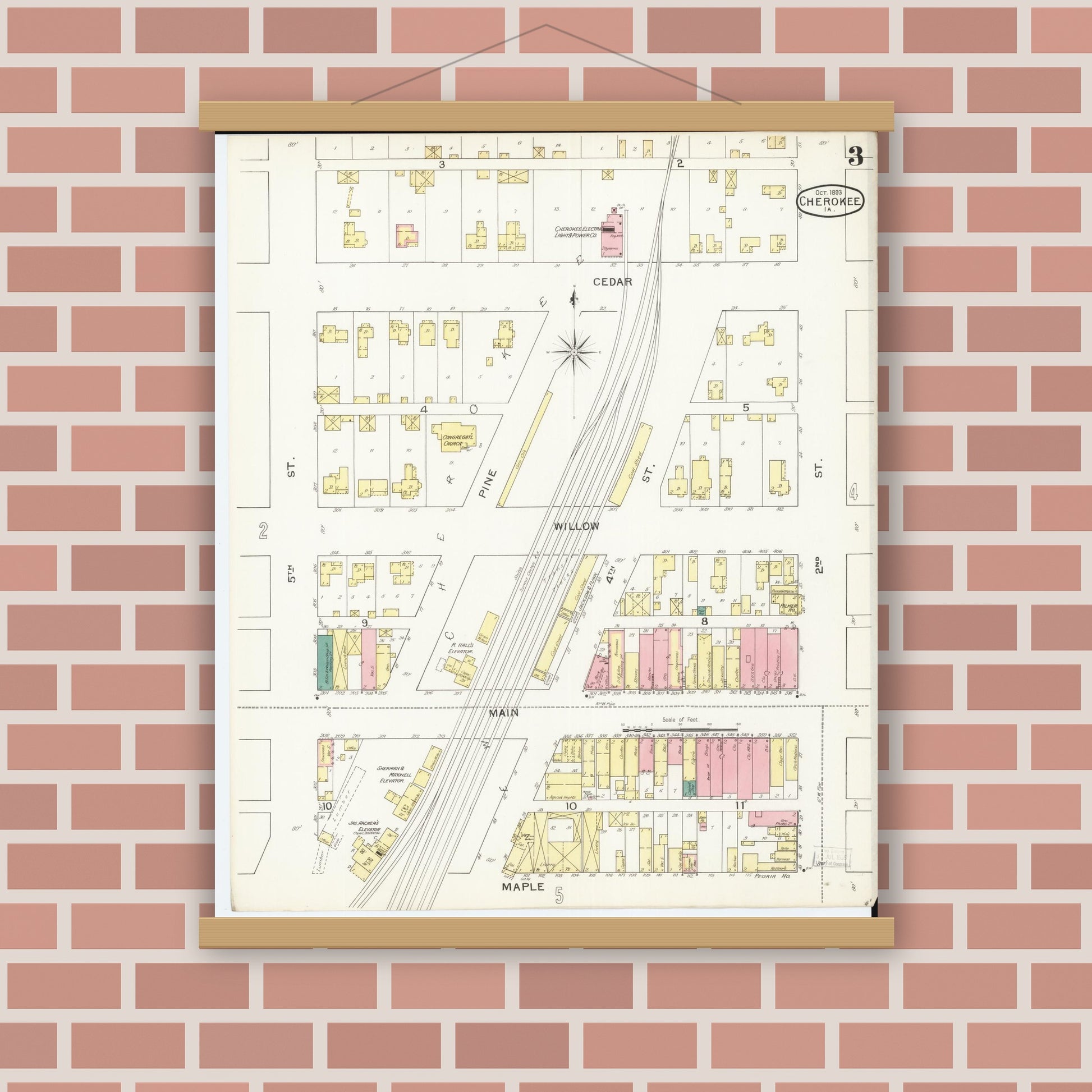Old map wall art mockup — magnetic wood frame on brick wall — Sanborn Fire Insurance Map from Cherokee, Cherokee County, Iowa (1893), Sheet #0003