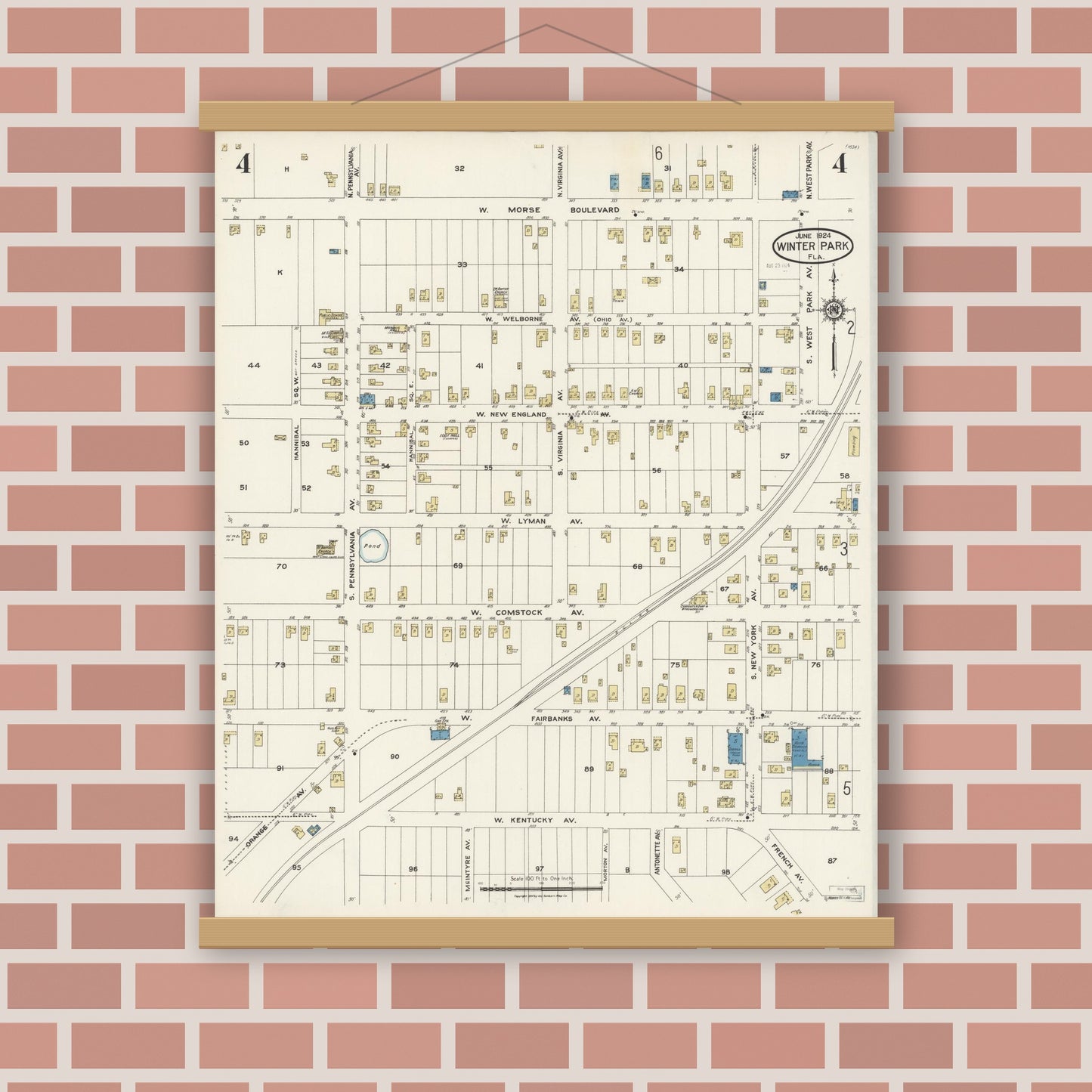 Old map wall art mockup — magnetic wood frame on brick wall — Sanborn Fire Insurance Map from Winter Park, Orange County, Florida (1924), Sheet #0004
