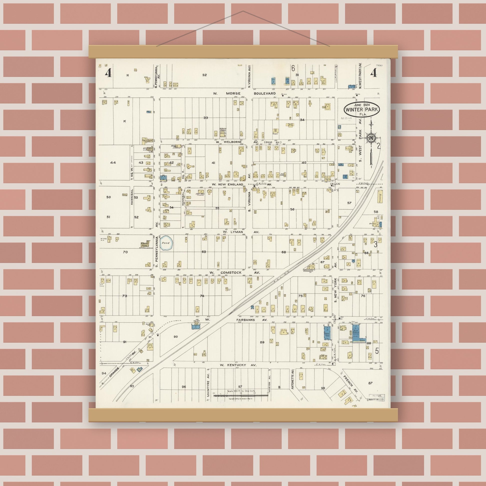 Old map wall art mockup — magnetic wood frame on brick wall — Sanborn Fire Insurance Map from Winter Park, Orange County, Florida (1924), Sheet #0004