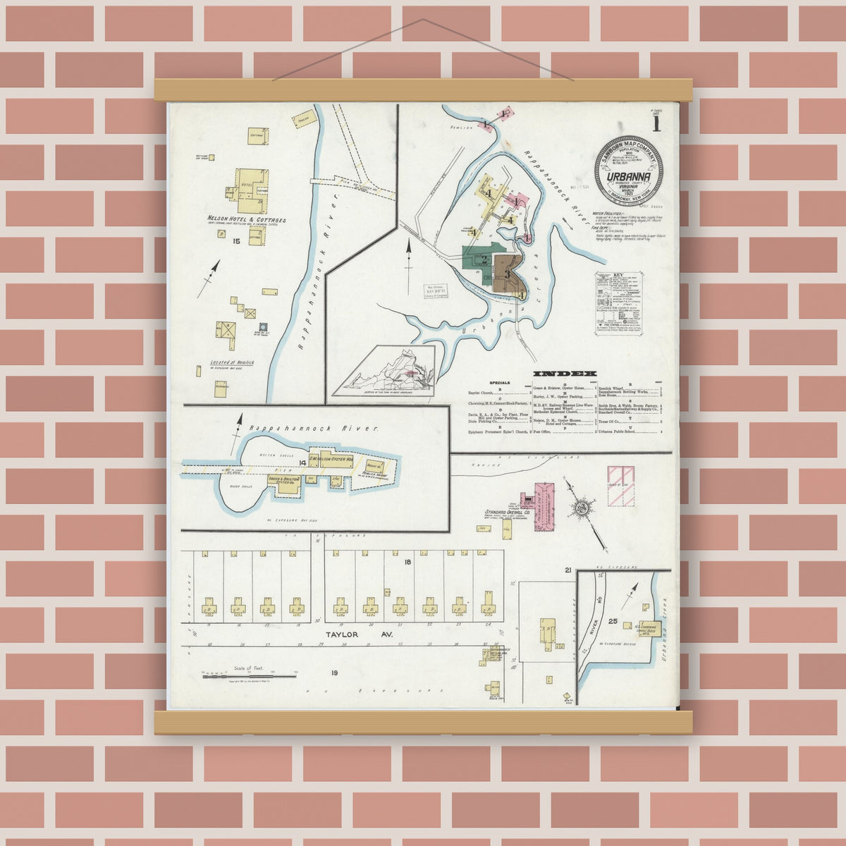 Old map wall art mockup — magnetic wood frame on brick wall — Sanborn Fire Insurance Map from Urbanna, Middlesex County, Virginia (1921) - Complete Map Set