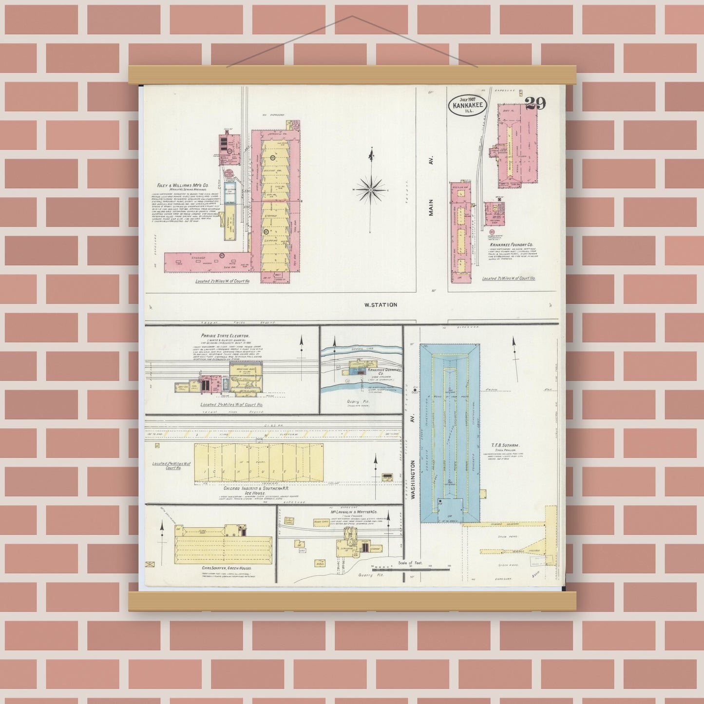 Old map wall art mockup — magnetic wood frame on brick wall — Sanborn Fire Insurance Map from Kankakee, Kankakee County, Illinois (1907), Sheet #0029