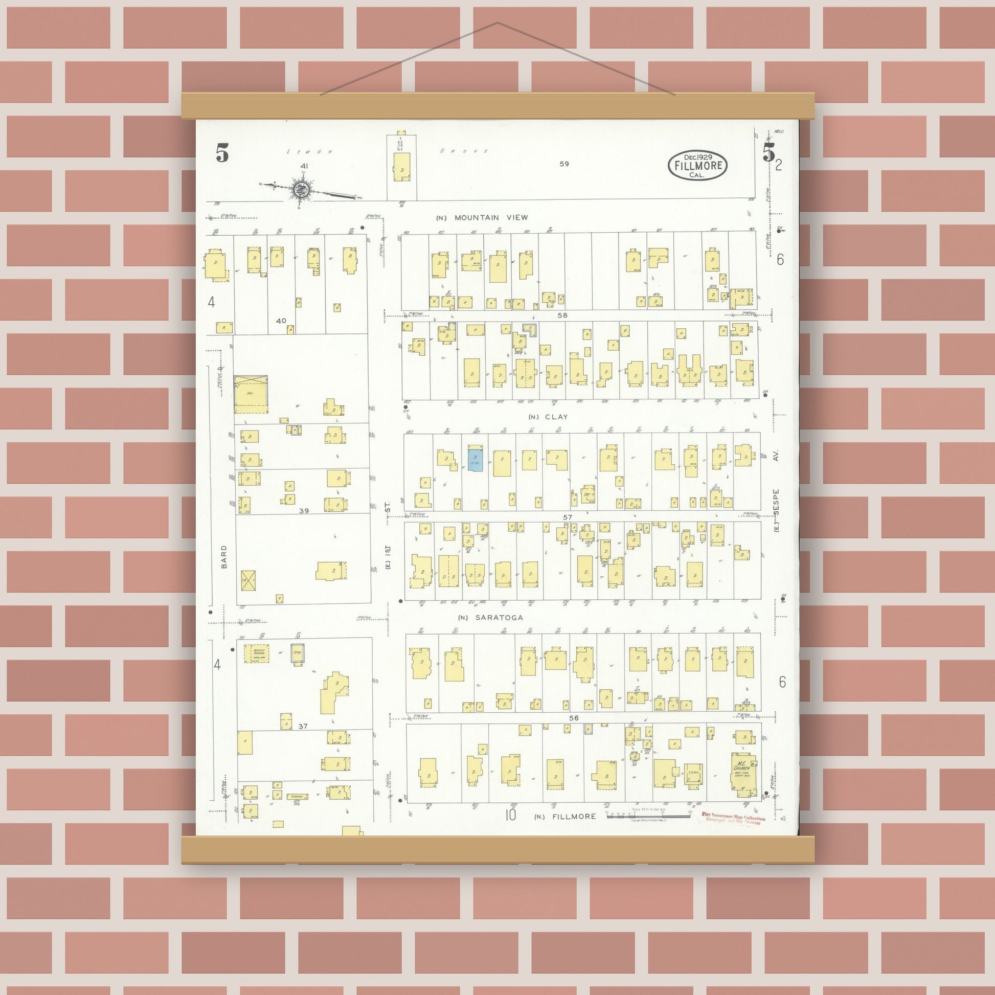 Old map wall art mockup — magnetic wood frame on brick wall — Sanborn Fire Insurance Map from Fillmore, Ventura County, California (1929), Sheet #0005