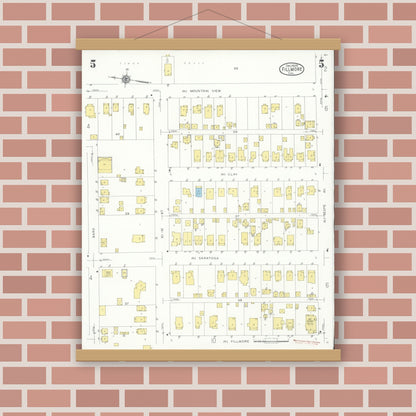 Old map wall art mockup — magnetic wood frame on brick wall — Sanborn Fire Insurance Map from Fillmore, Ventura County, California (1929), Sheet #0005