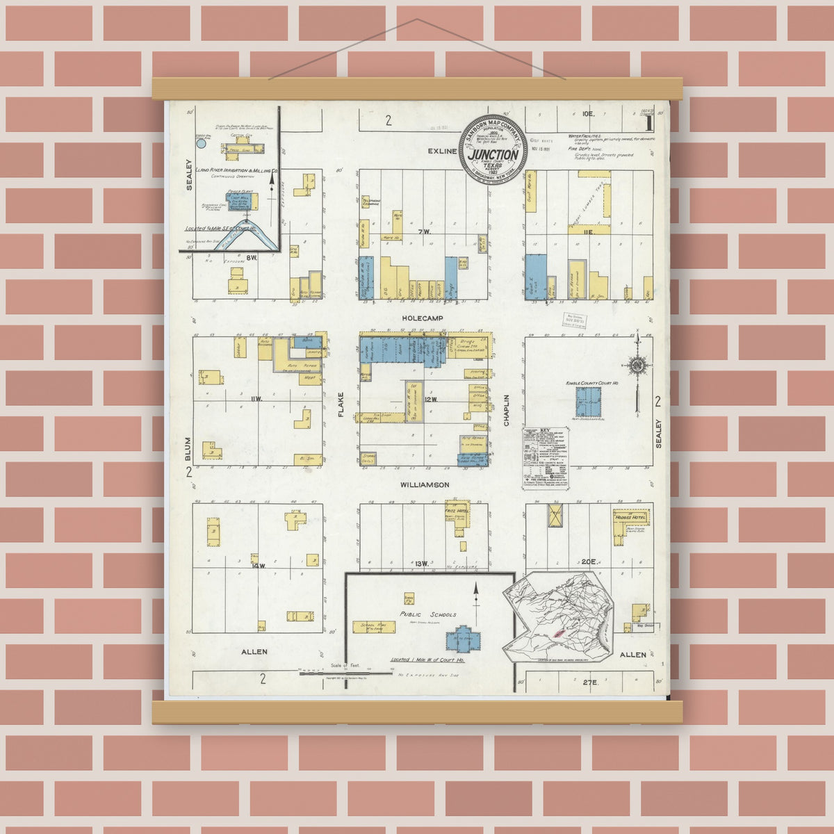 Old map wall art mockup — magnetic wood frame on brick wall — Sanborn Fire Insurance Map from Junction, Kimble County, Texas (1921) - Complete Map Set