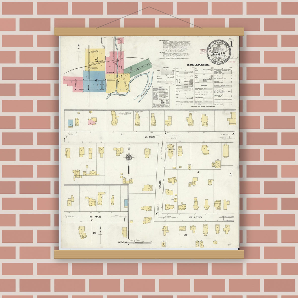 Old map wall art mockup — magnetic wood frame on brick wall — Sanborn Fire Insurance Map from Unadilla, Otsego County, New York (1910) - Complete Map Set