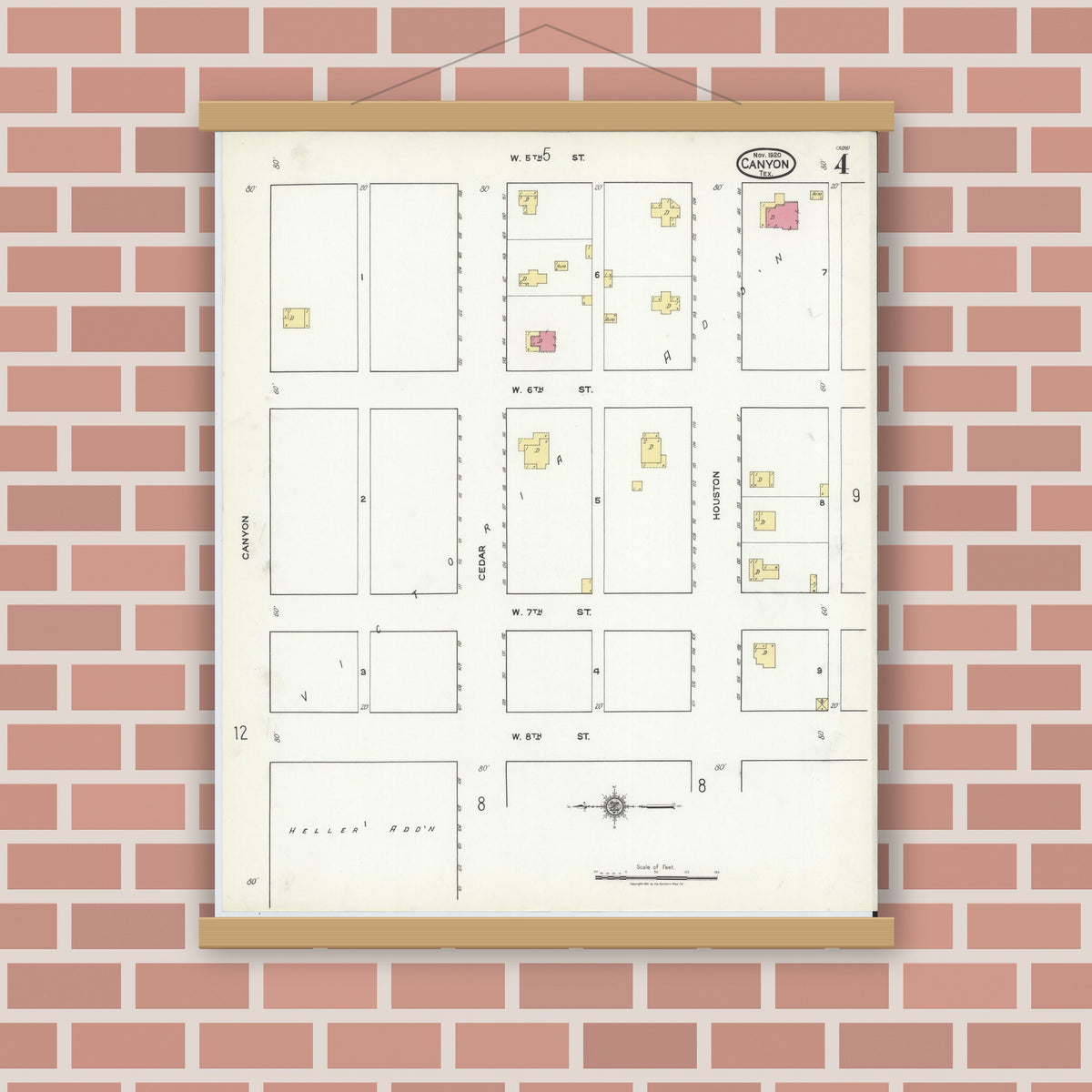 Old map wall art mockup — magnetic wood frame on brick wall — Sanborn Fire Insurance Map from Canyon, Randall County, Texas (1920), Sheet #0004