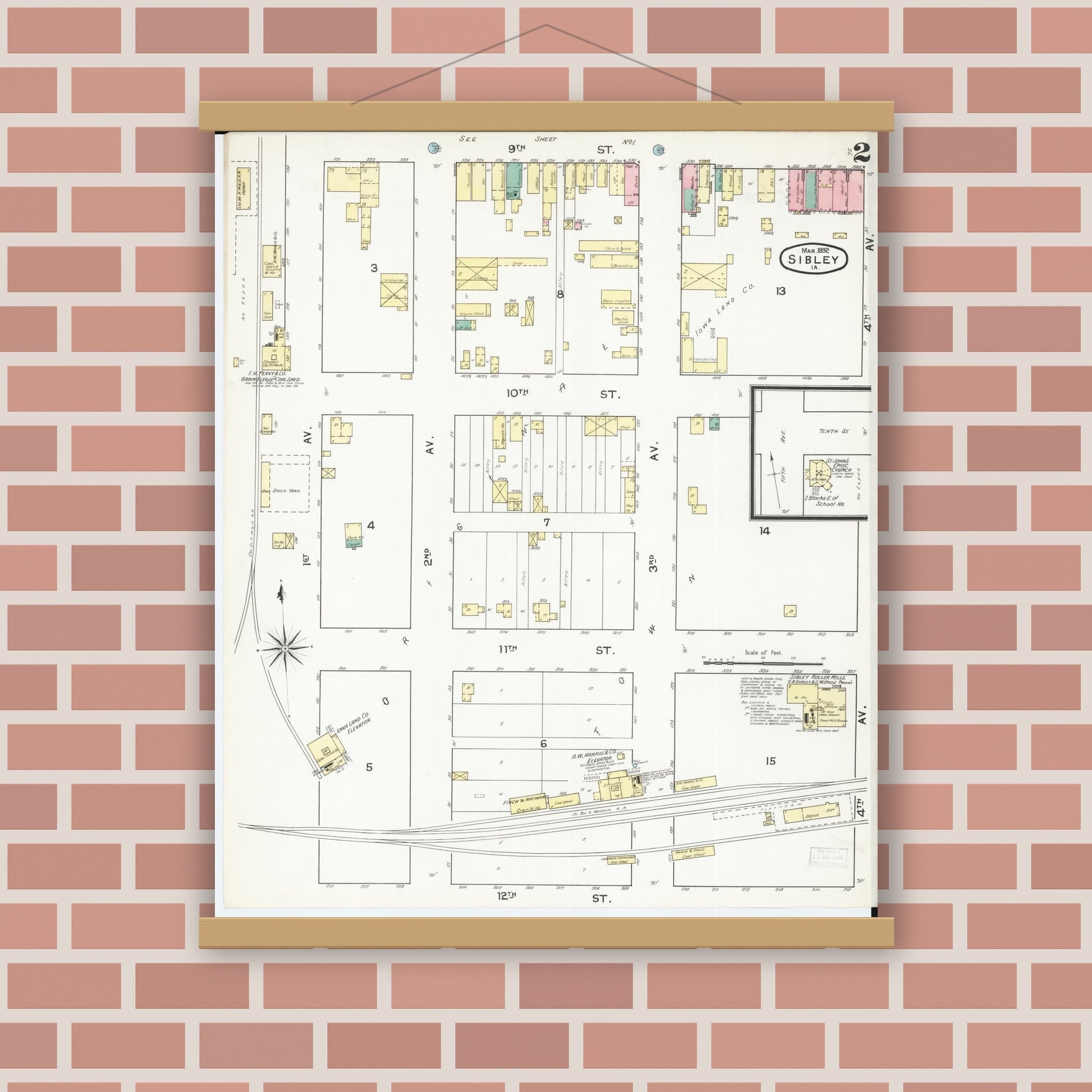 Old map wall art mockup — magnetic wood frame on brick wall — Sanborn Fire Insurance Map from Sibley, Osceola County, Iowa (1892), Sheet #0002