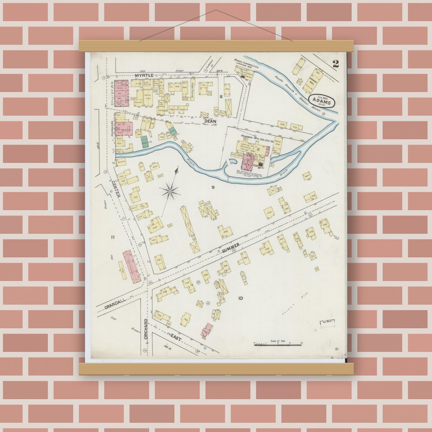 Old map wall art mockup — magnetic wood frame on brick wall — Sanborn Fire Insurance Map from Adams, Berkshire County, Massachusetts (1889), Sheet #0002