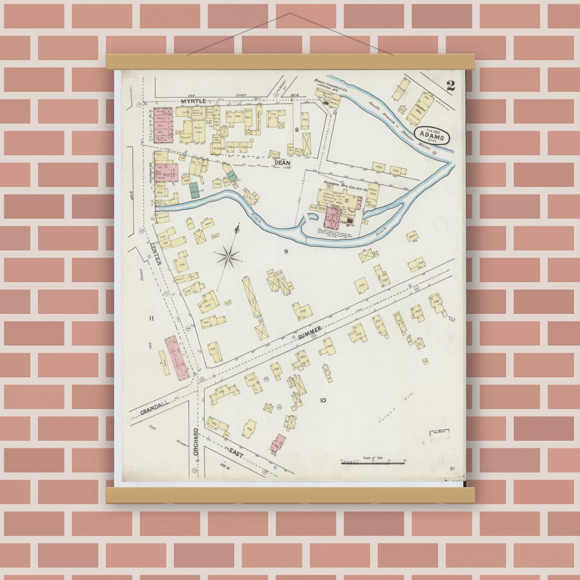 Old map wall art mockup — magnetic wood frame on brick wall — Sanborn Fire Insurance Map from Adams, Berkshire County, Massachusetts (1889), Sheet #0002