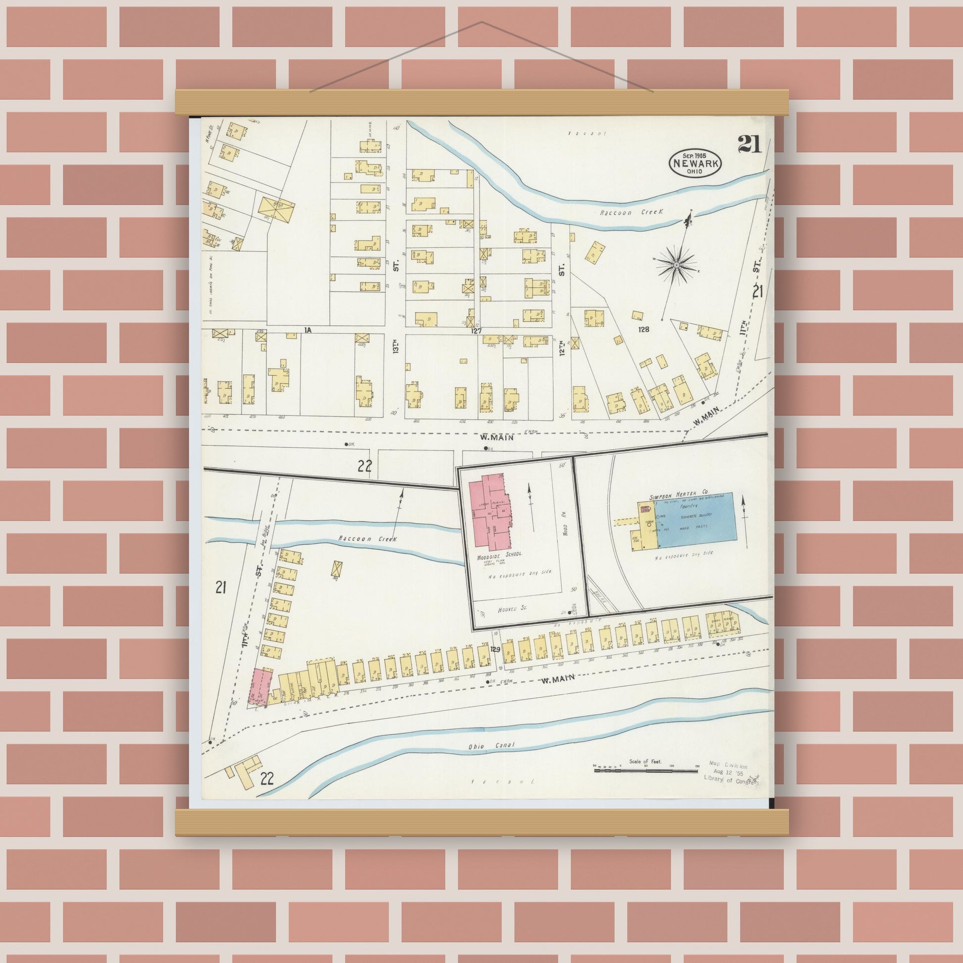 Old map wall art mockup — magnetic wood frame on brick wall — Sanborn Fire Insurance Map from Newark, Licking County, Ohio (1905), Sheet #0021