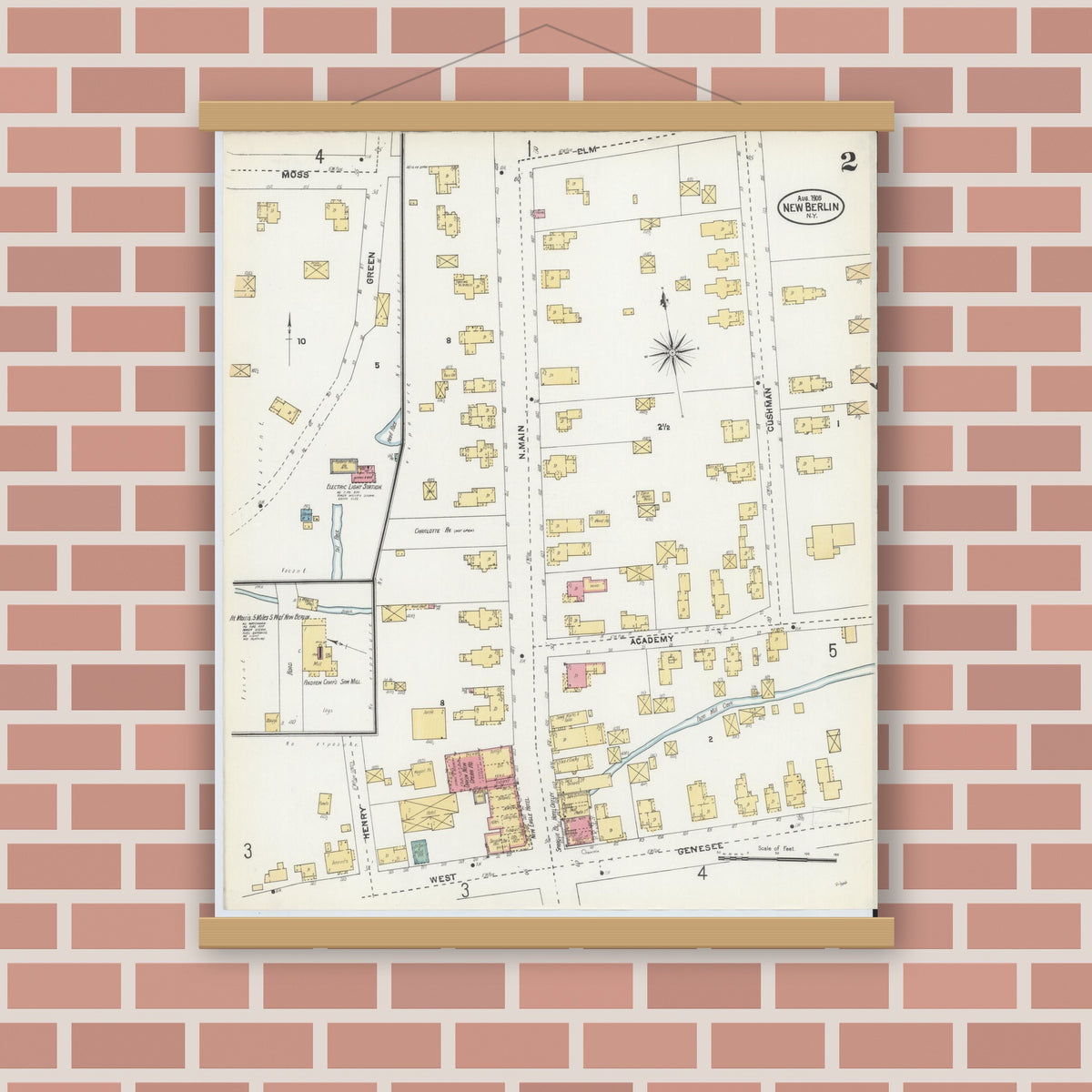 Old map wall art mockup — magnetic wood frame on brick wall — Sanborn Fire Insurance Map from New Berlin, Chenango County, New York (1905), Sheet #0002