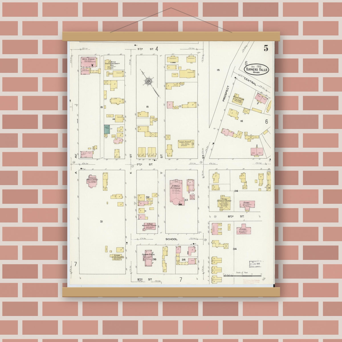 Old map wall art mockup — magnetic wood frame on brick wall — Sanborn Fire Insurance Map from Turners Falls, Franklin County, Massachusetts (1909), Sheet #0005