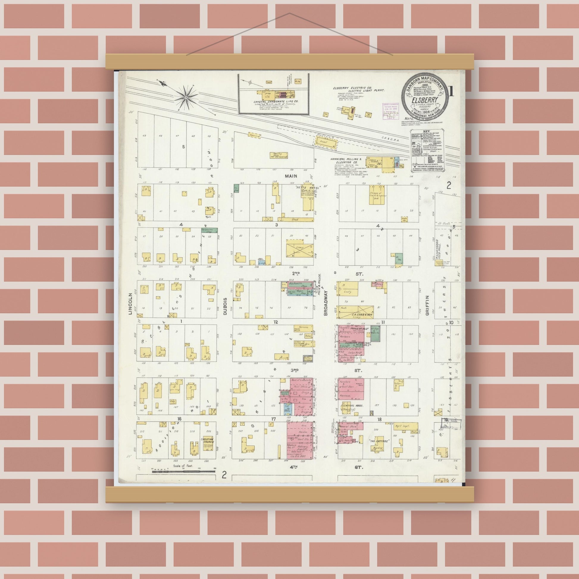 Old map wall art mockup — magnetic wood frame on brick wall — Sanborn Fire Insurance Map from Elsberry, Lincoln County, Missouri (1906) - Complete Map Set