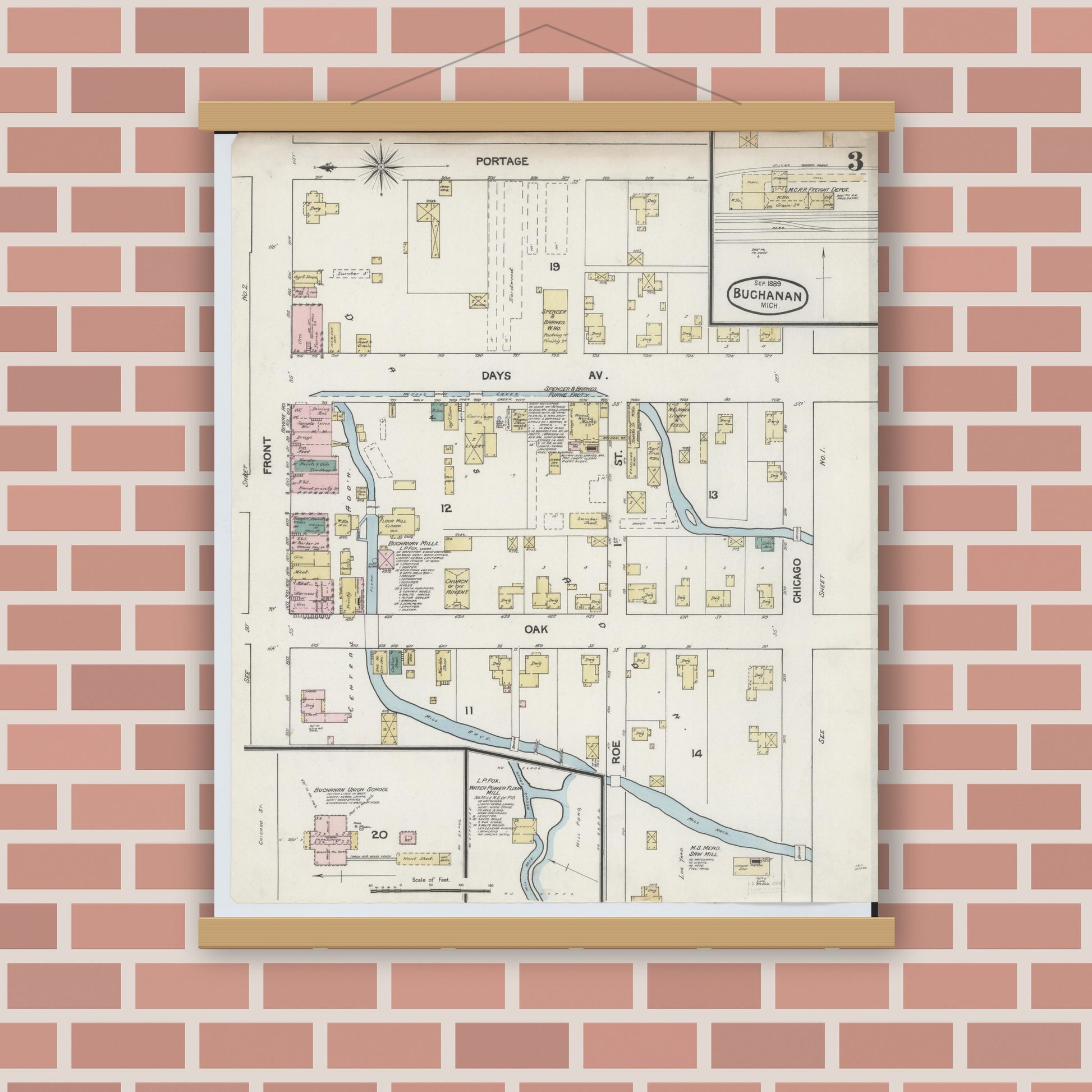 Old map wall art mockup — magnetic wood frame on brick wall — Sanborn Fire Insurance Map from Buchanan, Berrien County, Michigan (1889), Sheet #0003