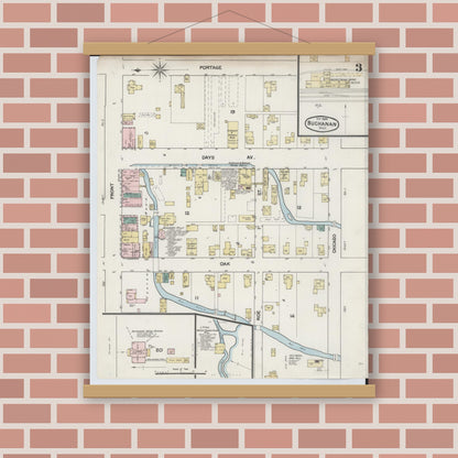 Old map wall art mockup — magnetic wood frame on brick wall — Sanborn Fire Insurance Map from Buchanan, Berrien County, Michigan (1889), Sheet #0003