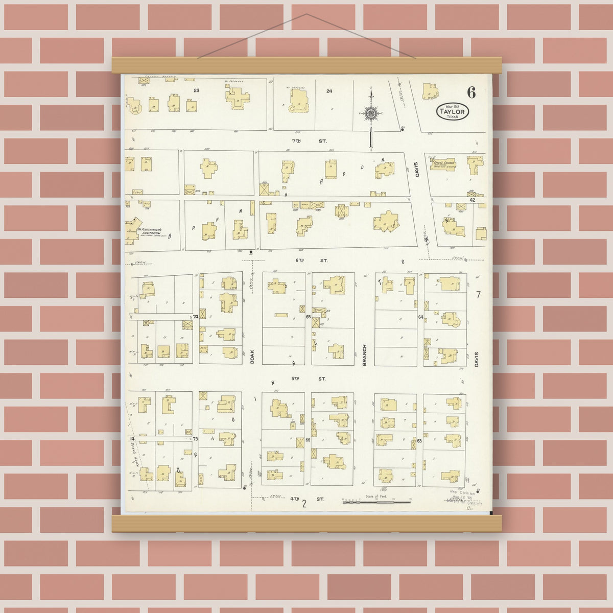 Old map wall art mockup — magnetic wood frame on brick wall — Sanborn Fire Insurance Map from Taylor, Williamson County, Texas (1912), Sheet #0006