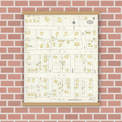 Old map wall art mockup — magnetic wood frame on brick wall — Sanborn Fire Insurance Map from Taylor, Williamson County, Texas (1912), Sheet #0006