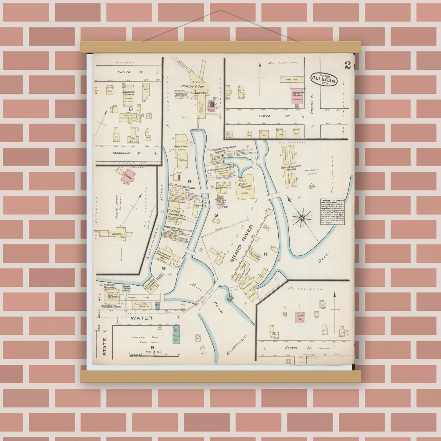 Old map wall art mockup — magnetic wood frame on brick wall — Sanborn Fire Insurance Map from Allegan, Allegan County, Michigan (1884), Sheet #0002