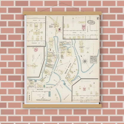 Old map wall art mockup — magnetic wood frame on brick wall — Sanborn Fire Insurance Map from Allegan, Allegan County, Michigan (1884), Sheet #0002