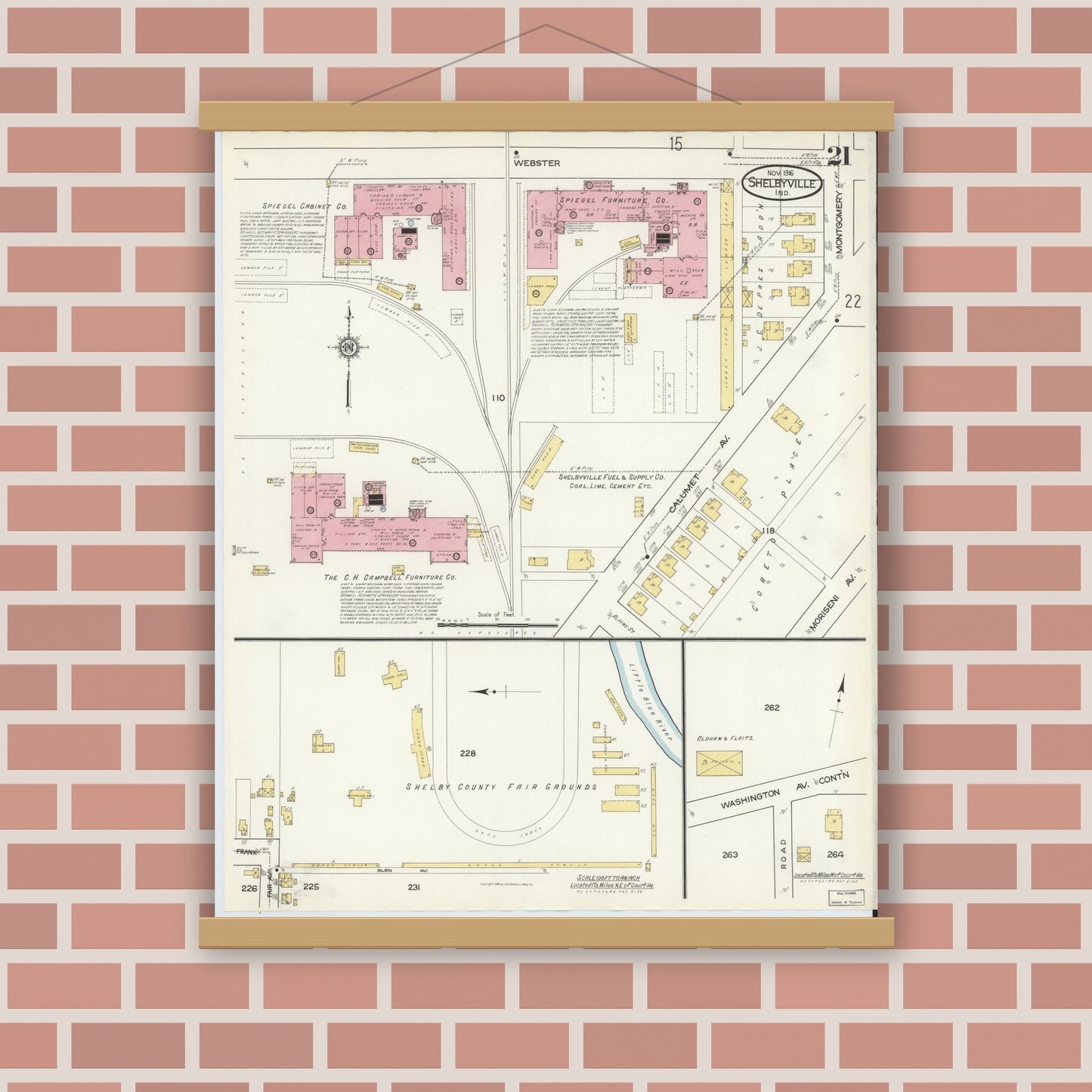 Old map wall art mockup — magnetic wood frame on brick wall — Sanborn Fire Insurance Map from Shelbyville, Shelby County, Indiana (1916), Sheet #0021
