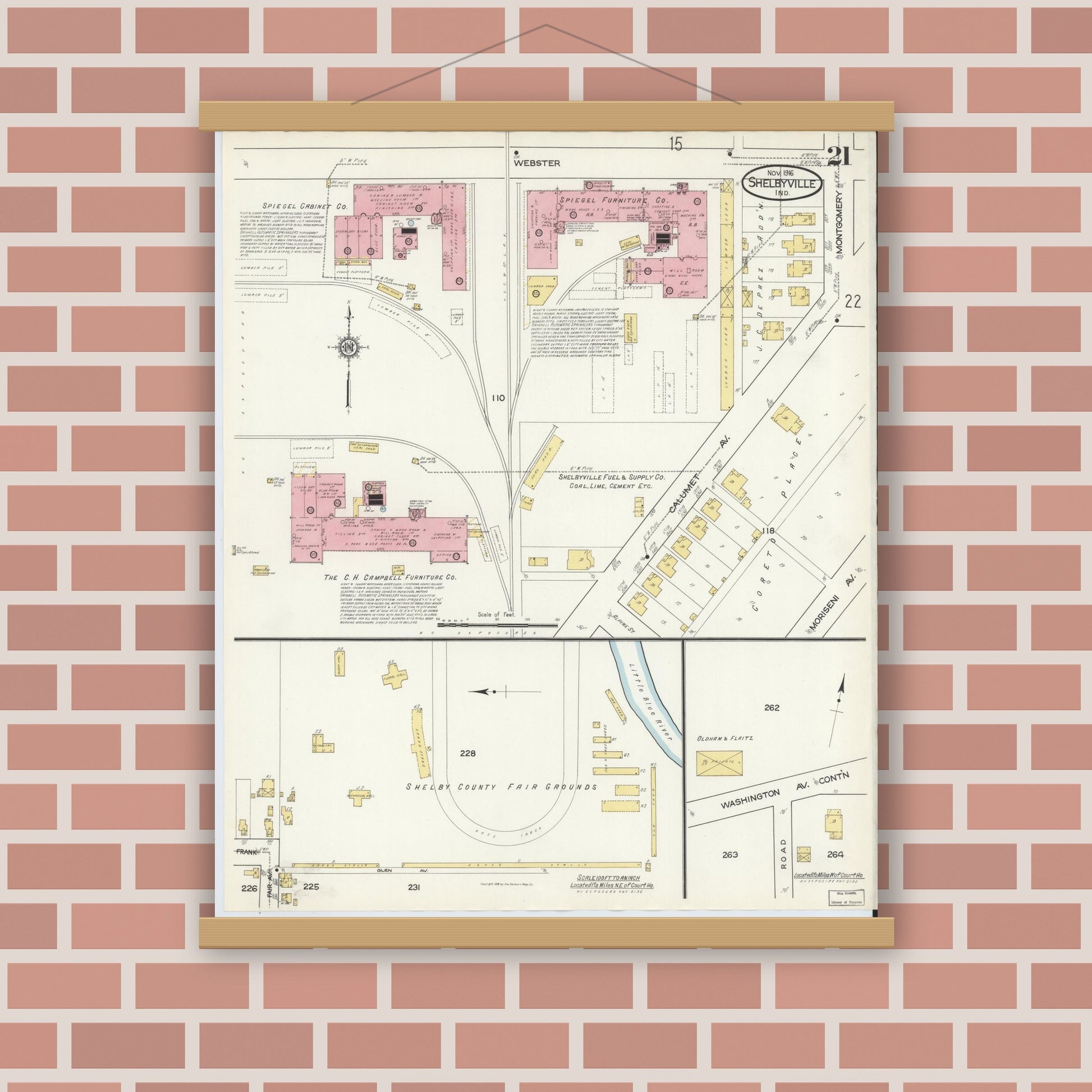 Old map wall art mockup — magnetic wood frame on brick wall — Sanborn Fire Insurance Map from Shelbyville, Shelby County, Indiana (1916), Sheet #0021