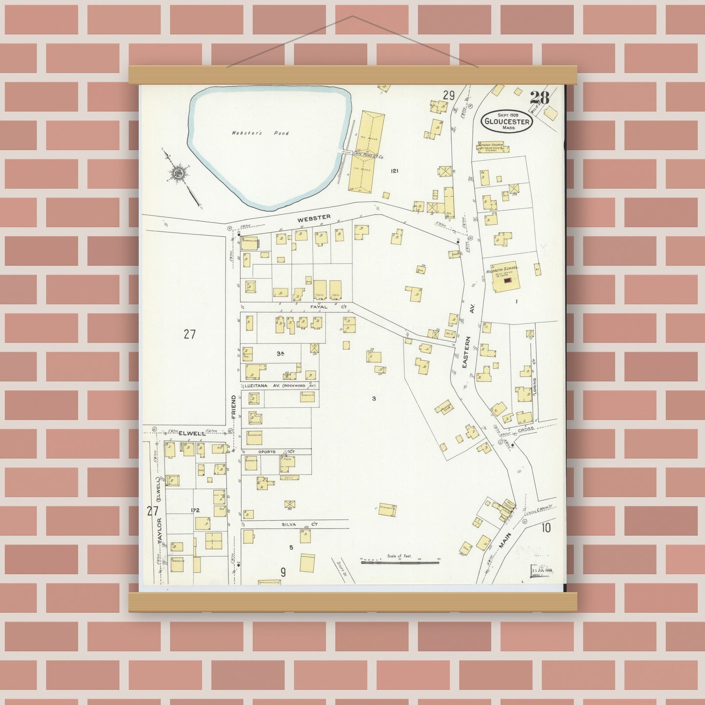 Old map wall art mockup — magnetic wood frame on brick wall — Sanborn Fire Insurance Map from Gloucester, Essex County, Massachusetts (1909), Sheet #0028