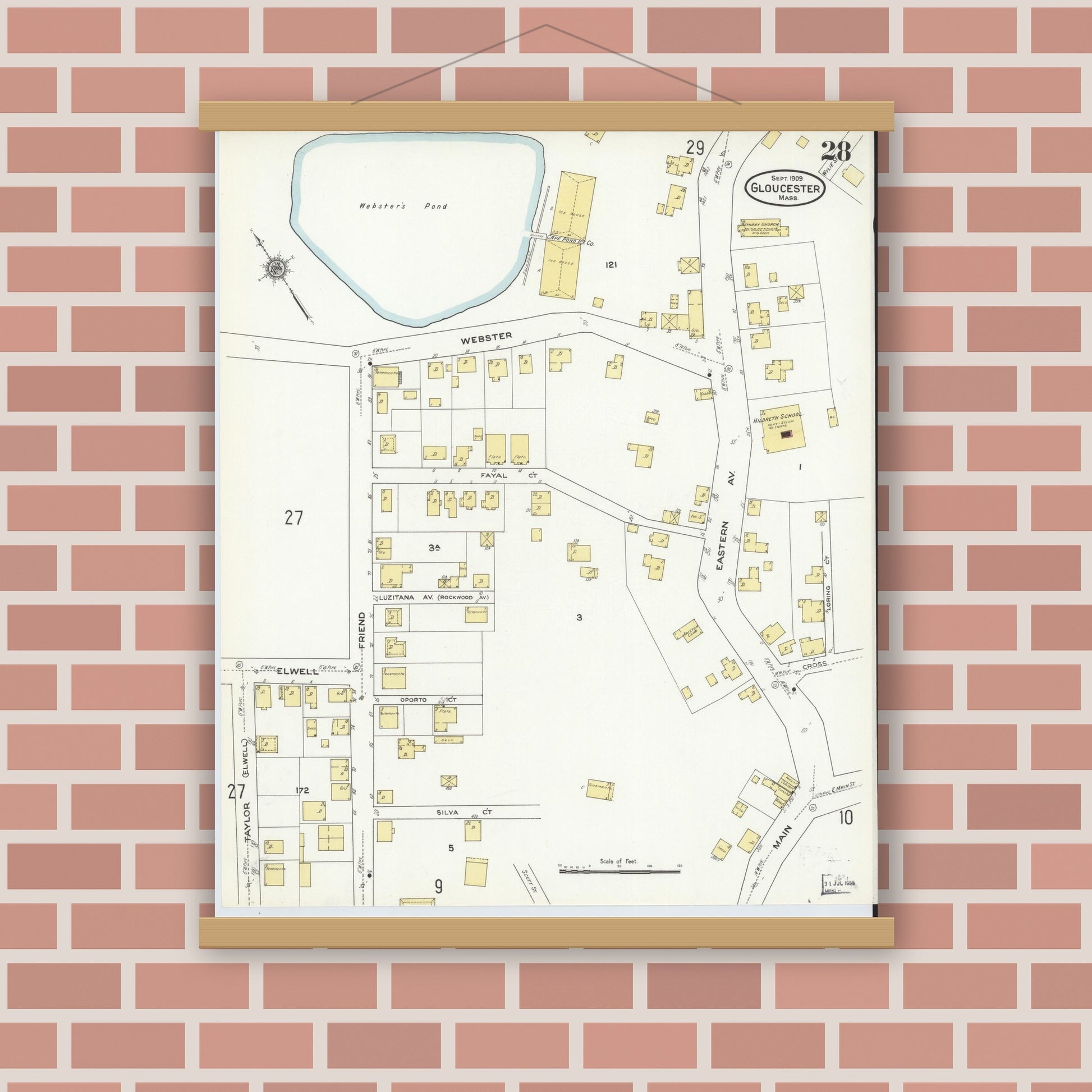 Old map wall art mockup — magnetic wood frame on brick wall — Sanborn Fire Insurance Map from Gloucester, Essex County, Massachusetts (1909), Sheet #0028