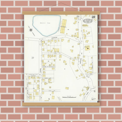 Old map wall art mockup — magnetic wood frame on brick wall — Sanborn Fire Insurance Map from Gloucester, Essex County, Massachusetts (1909), Sheet #0028