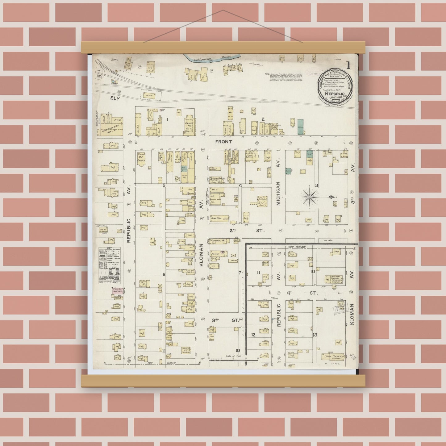 Old map wall art mockup — magnetic wood frame on brick wall — Sanborn Fire Insurance Map from Republic, Marquette County, Michigan (1888) - Complete Map Set