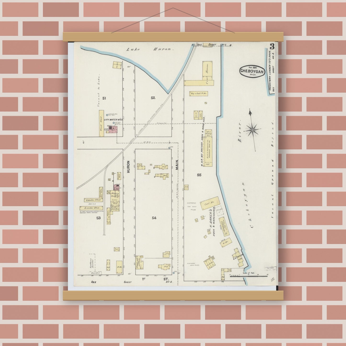Old map wall art mockup — magnetic wood frame on brick wall — Sanborn Fire Insurance Map from Cheboygan, Cheboygan County, Michigan (1890), Sheet #0003