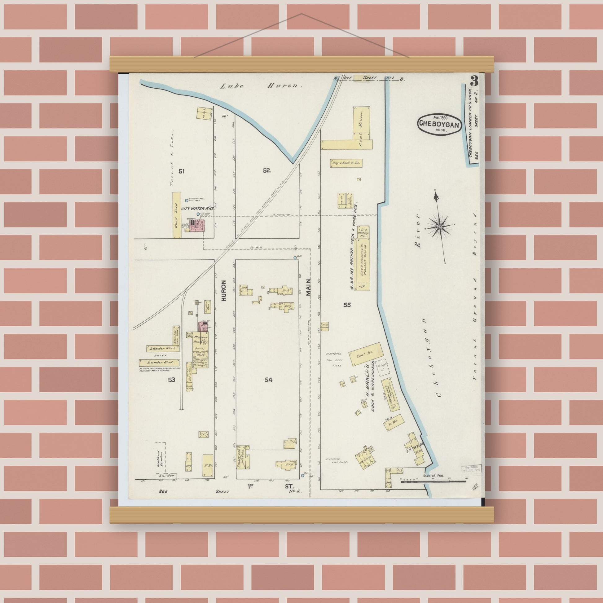 Old map wall art mockup — magnetic wood frame on brick wall — Sanborn Fire Insurance Map from Cheboygan, Cheboygan County, Michigan (1890), Sheet #0003