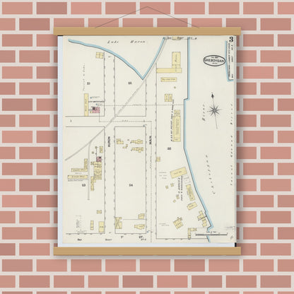 Old map wall art mockup — magnetic wood frame on brick wall — Sanborn Fire Insurance Map from Cheboygan, Cheboygan County, Michigan (1890), Sheet #0003