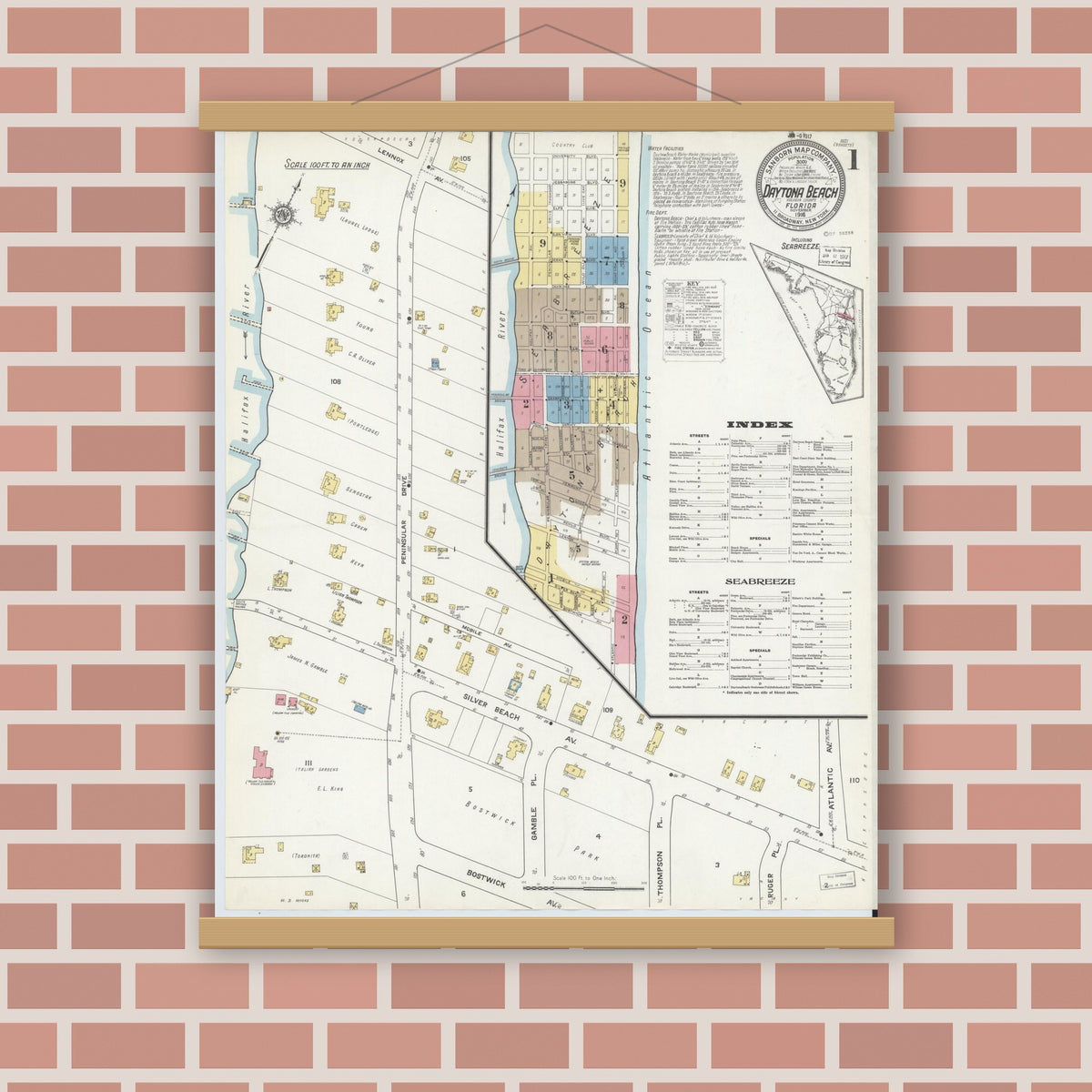 Old map wall art mockup — magnetic wood frame on brick wall — Sanborn Fire Insurance Map from Daytona Beach, Volusia County, Florida (1916), Sheet #0001