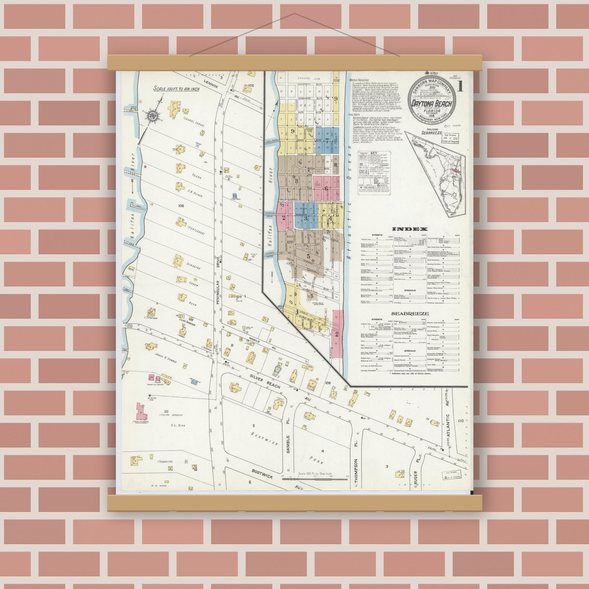 Old map wall art mockup — magnetic wood frame on brick wall — Sanborn Fire Insurance Map from Daytona Beach, Volusia County, Florida (1916), Sheet #0001