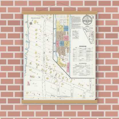 Old map wall art mockup — magnetic wood frame on brick wall — Sanborn Fire Insurance Map from Daytona Beach, Volusia County, Florida (1916), Sheet #0001